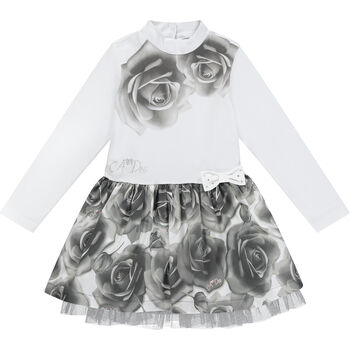 Girls White & Grey Rose Dress
