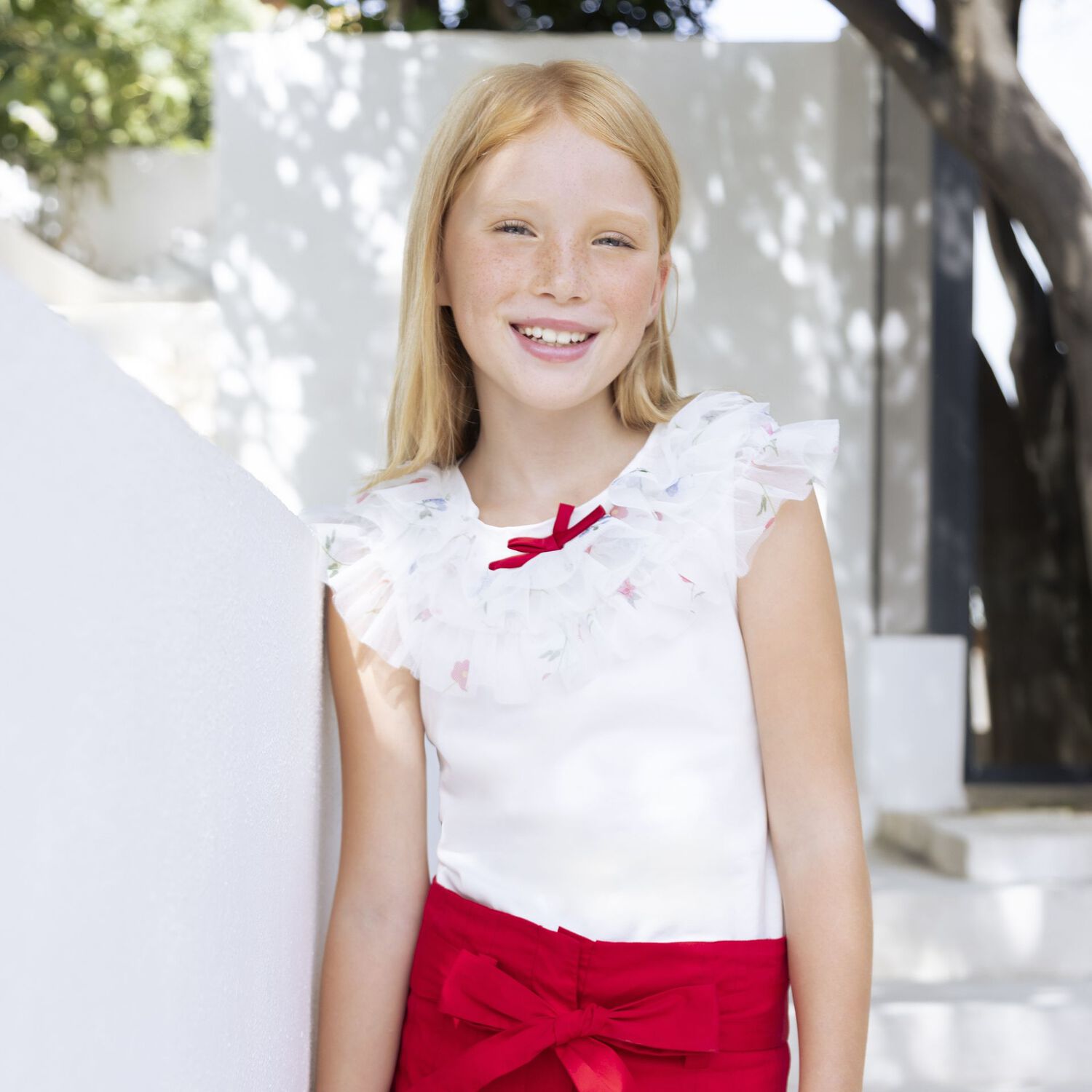 بلوزة مكشكشة باللون العاجي للبنات, 1, hi-res