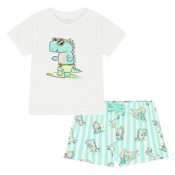 Younger Boys White & Aqua Dinosaur Swim Shorts Set