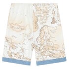 Younger Boys Beige Geo Map Shorts, 1, hi-res