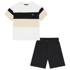Boys White, Black & Beige Striped Shorts Set, 1, hi-res