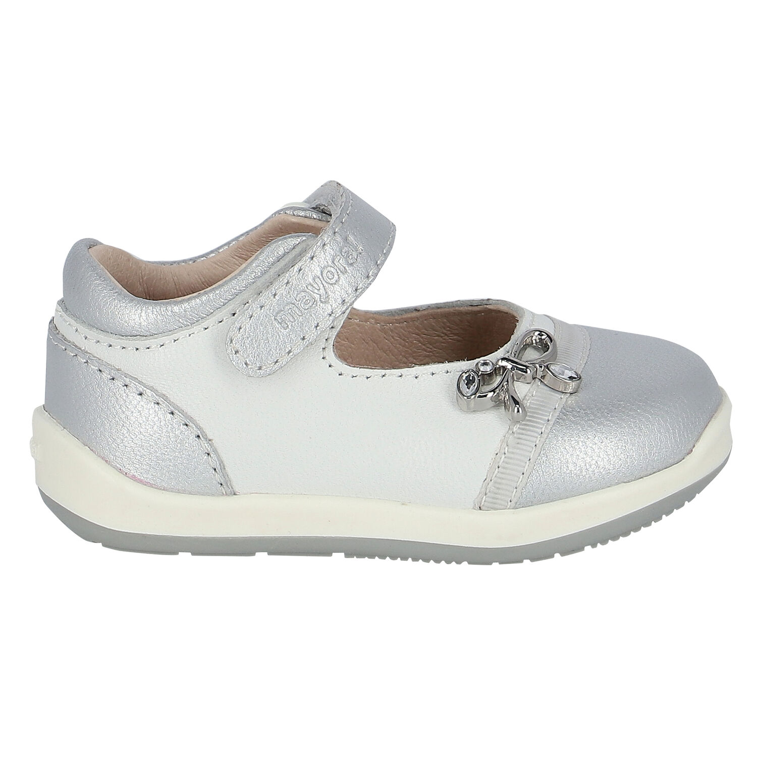 Younger Girls White & Silver Leather Shoes, 1, hi-res image number null