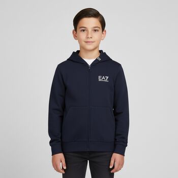 Boys Navy Blue Logo Hooded Zip Up Top