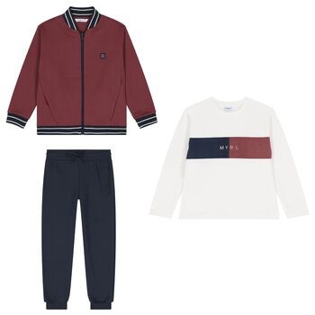 Boys Burgundy, White & Navy Blue Tracksuit Set (3 Piece)