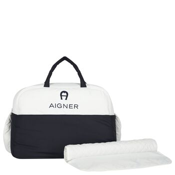 White & Navy Blue Logo Baby Changing Bag