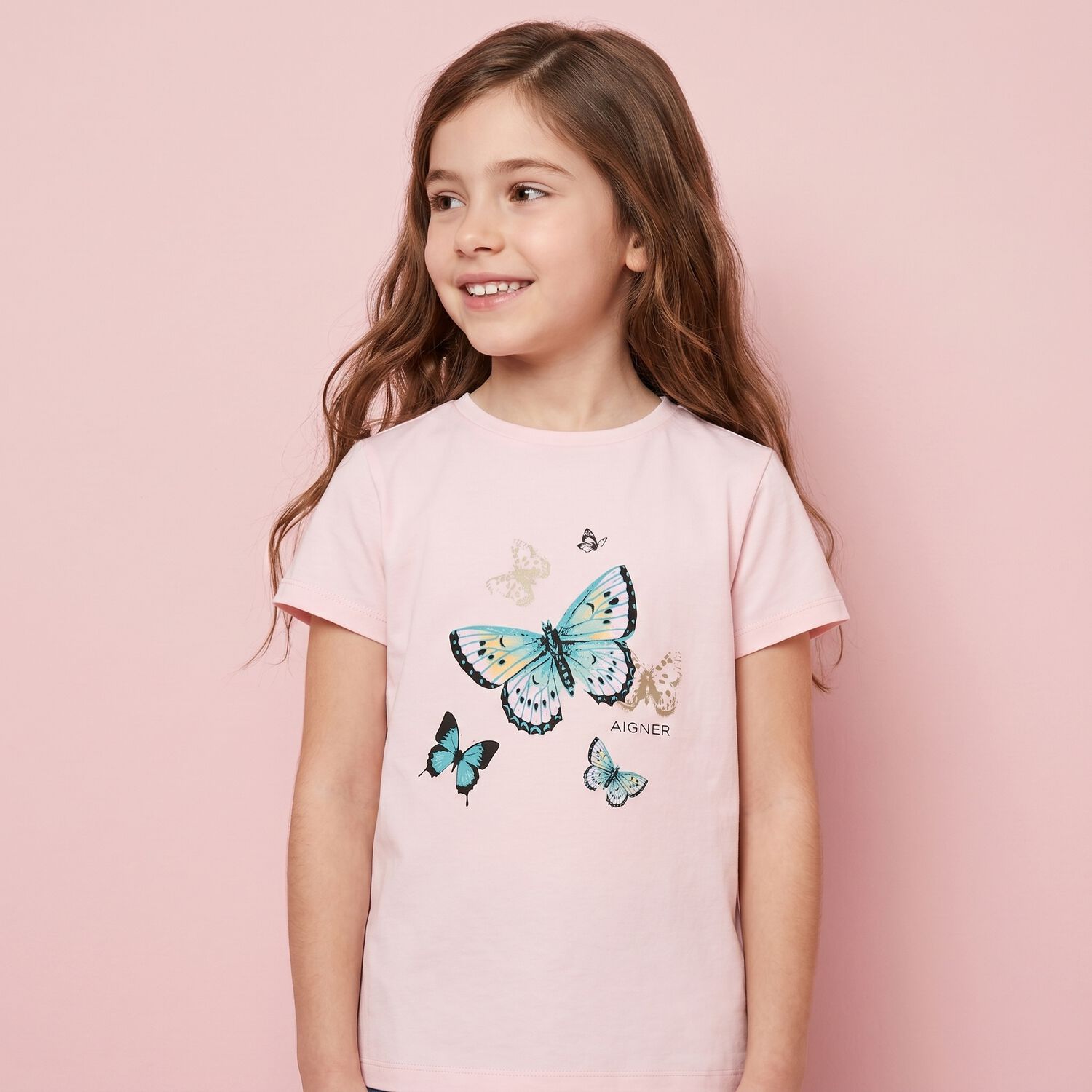 Girls Pink Butterflies Logo T-Shirt, 2, hi-res