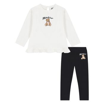 Younger Girls Ivory & Black Teddy Bear Leggings Set 