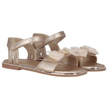 Girls Gold Leather Tulle Bow Sandal