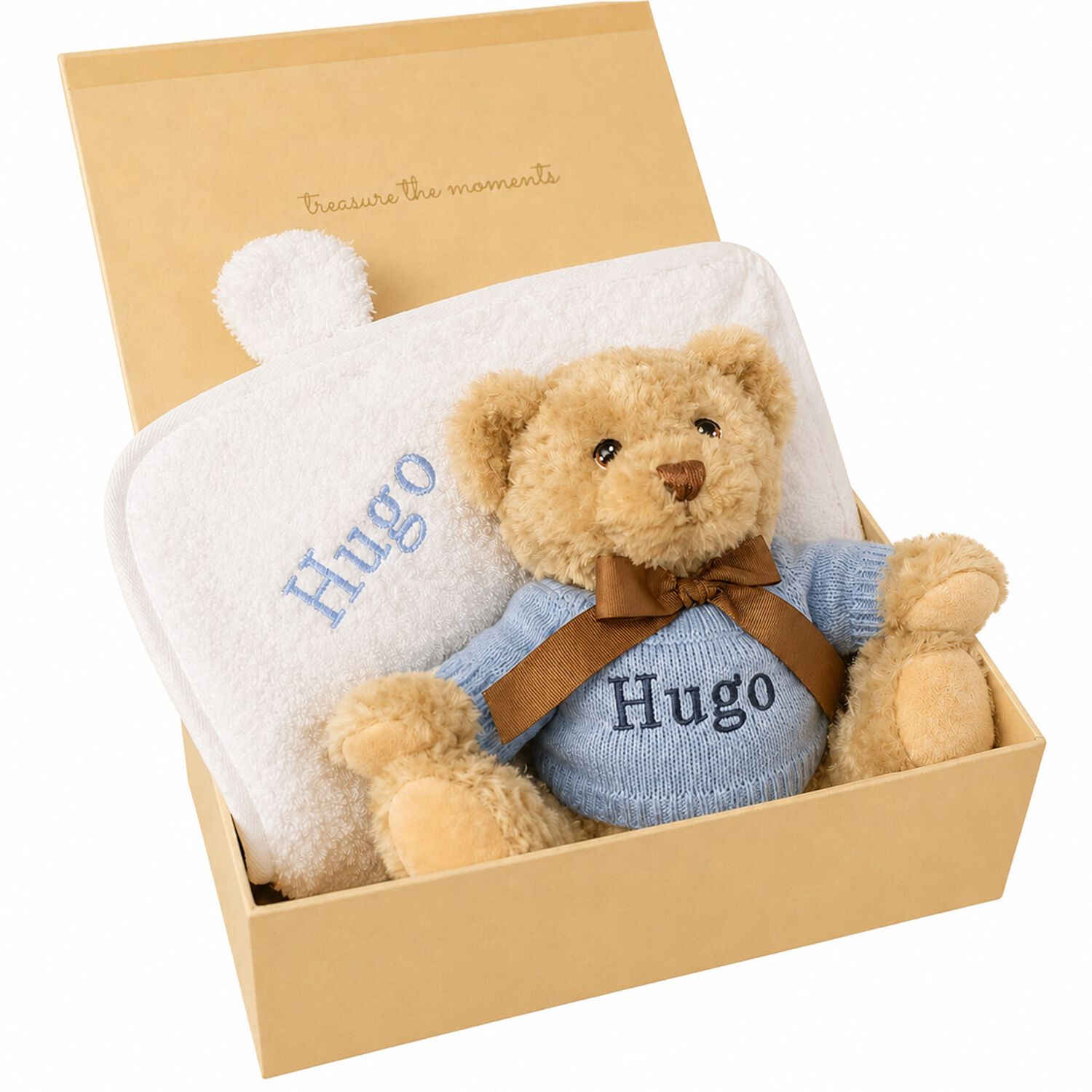 Boys Blue Personalised Teddy Baby Gift Set, 2, hi-res