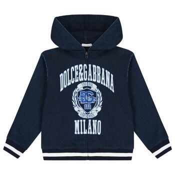 Boys Navy Blue Varsity Logo Hooded Zip Up Top