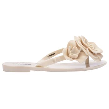 Girls Beige Logo Flower Flip Flops