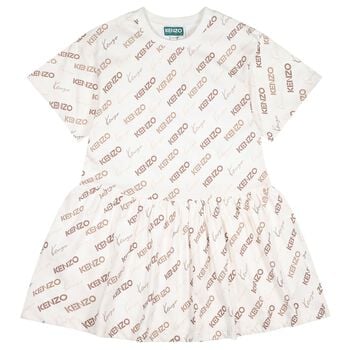 Girls Ivory & Beige Logo Dress