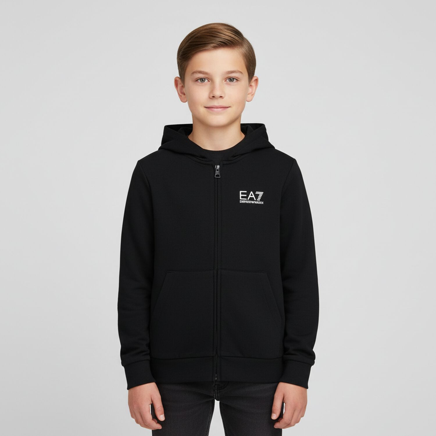 Boys Black Logo Hooded Zip Up Top, 3, hi-res