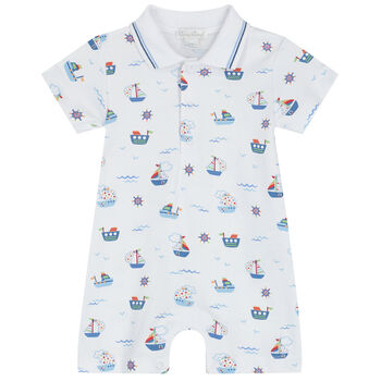 Baby Boys White Boats At Sea Polo Romper