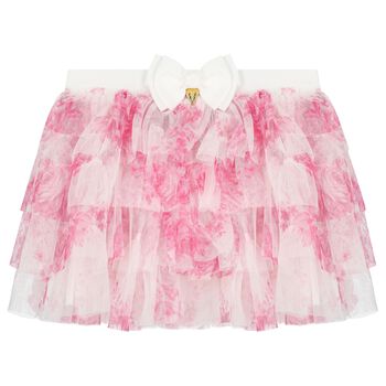 Girls White & Pink Rose Tulle Skirt