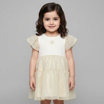 Younger Girls White & Gold Logo Dress