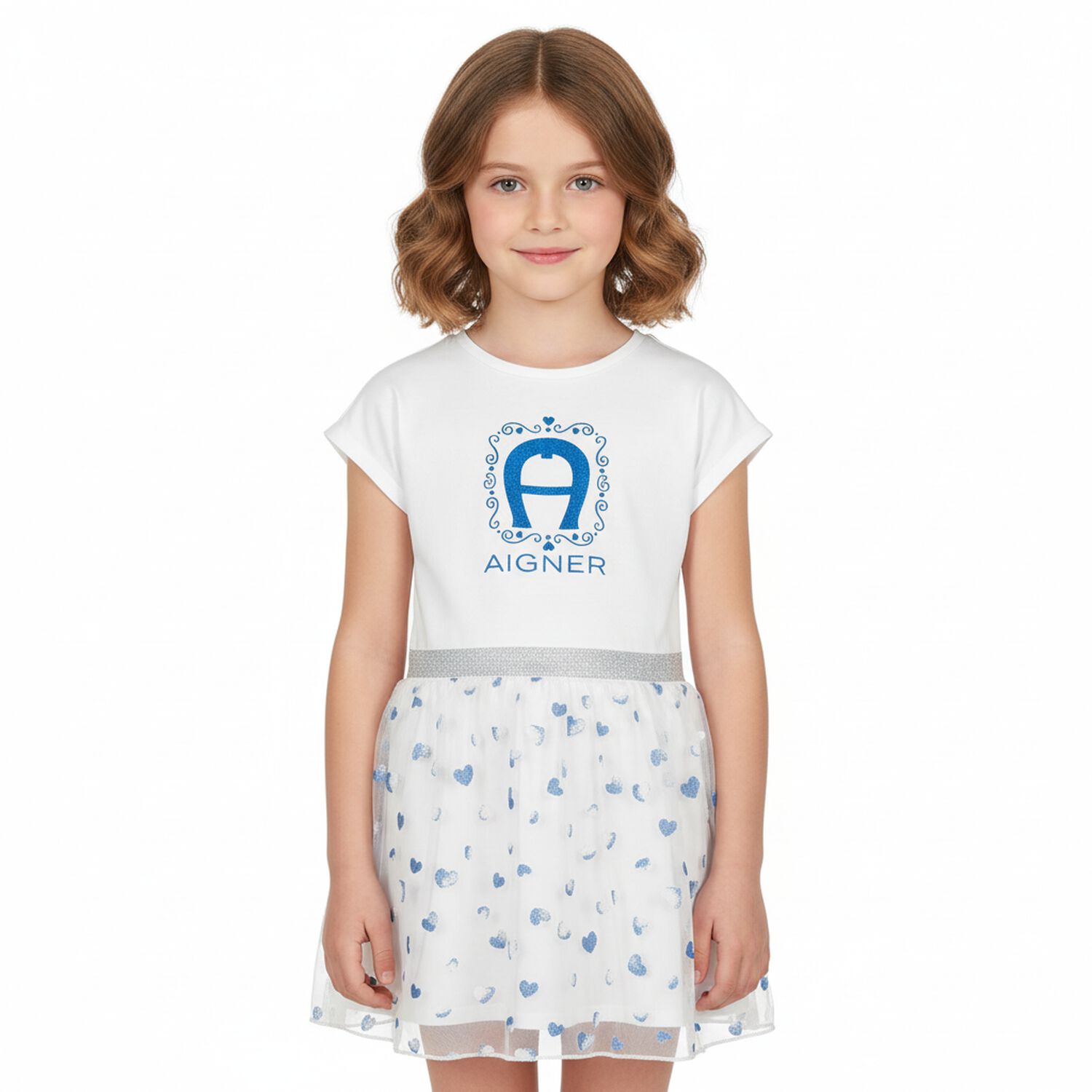 Girls White & Blue Logo Dress, 1, hi-res