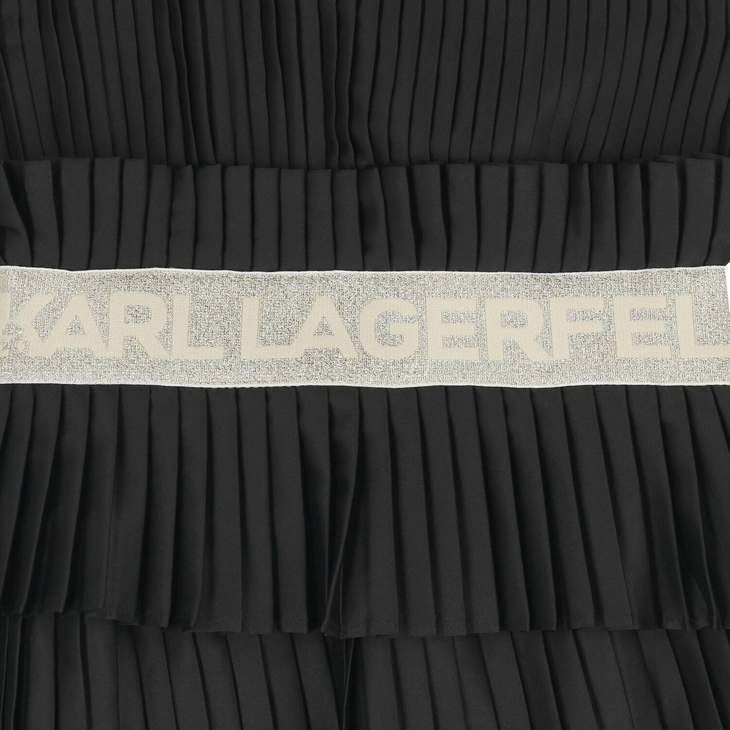 Girls Black Logo Pleated Satin Dress , 1, hi-res