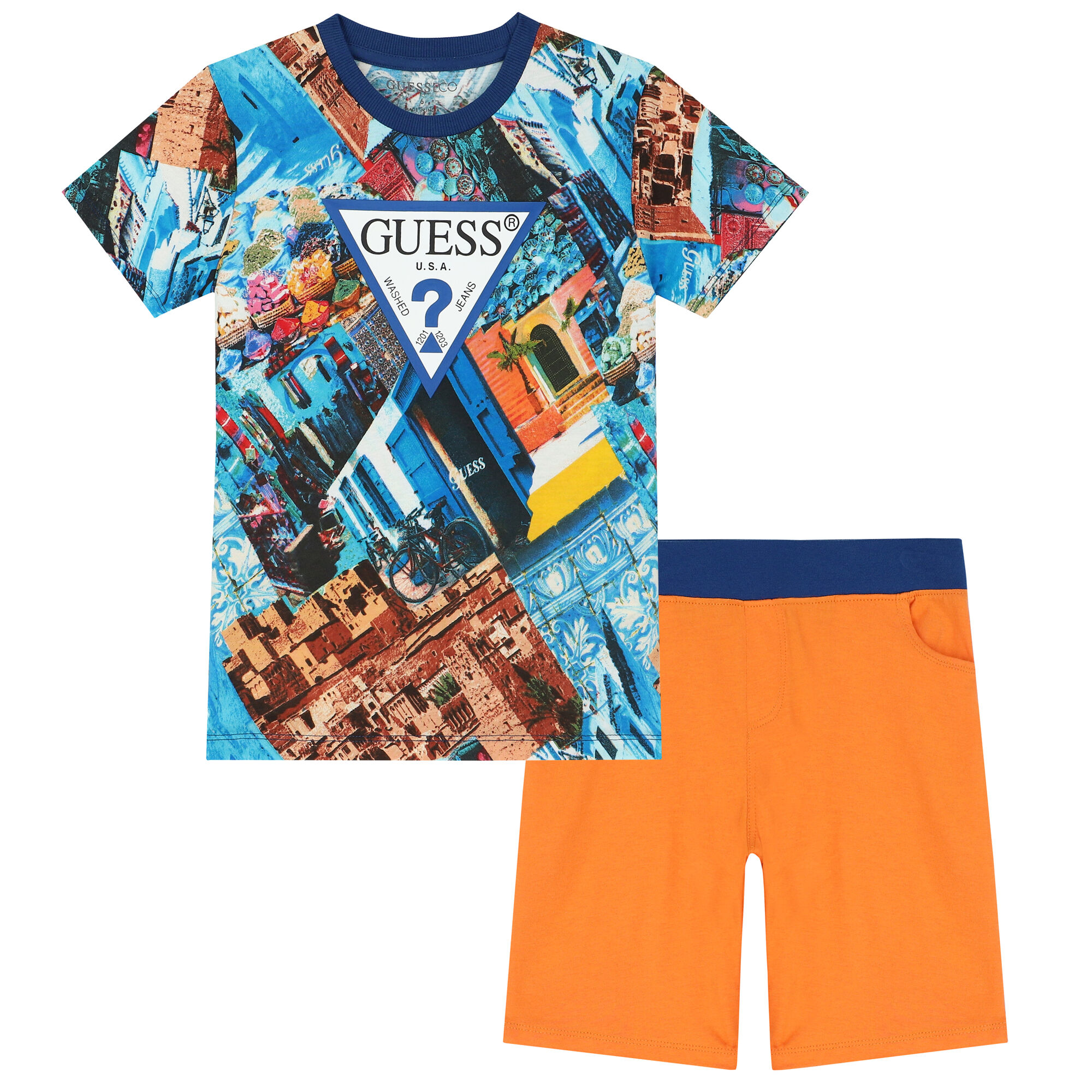 Orange and 2025 blue guess shirt