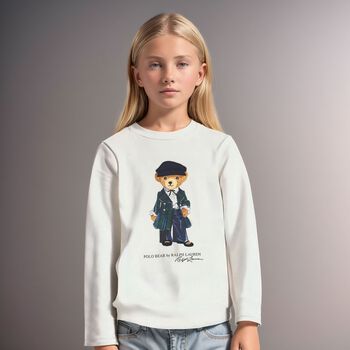Girls Ivory Logo Polo Bear Long Sleeve Top