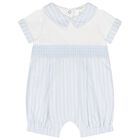 Baby Boys White & Blue Striped Romper, 1, hi-res