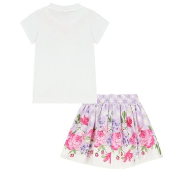 Girls White & Lilac Floral Skirt Set