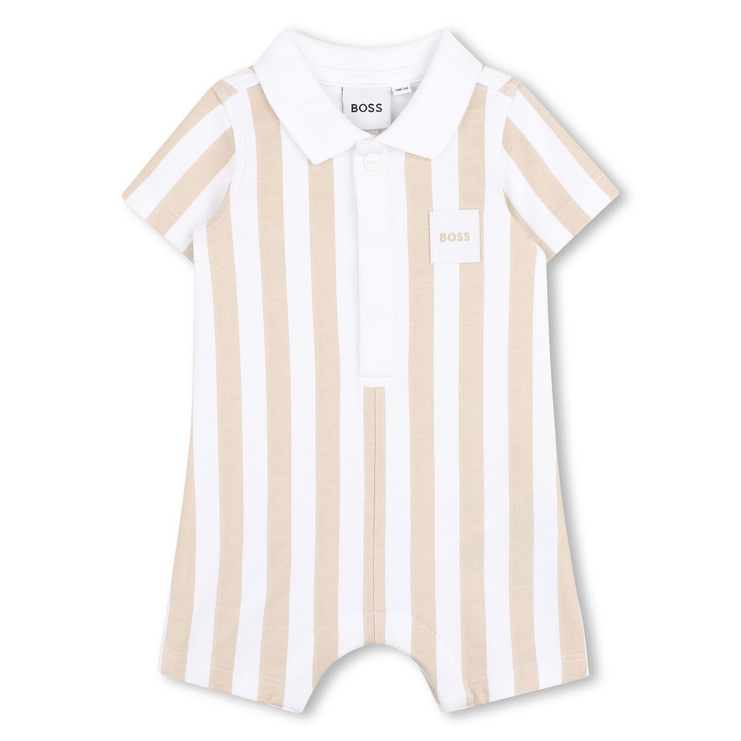 Baby Boys Beige & White Striped Logo Romper, 1, hi-res