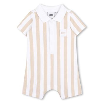 Baby Boys Beige & White Striped Logo Romper