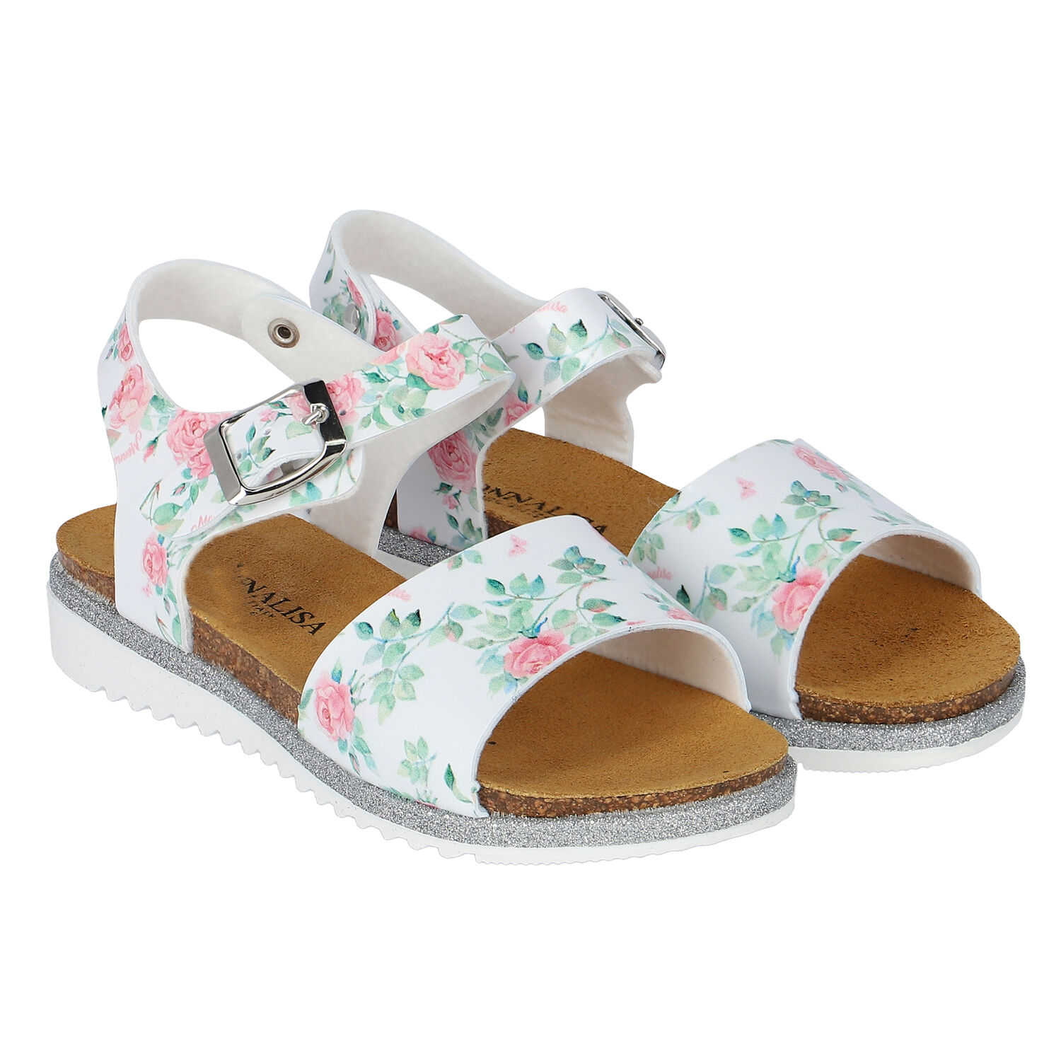 Girls White & Pink Floral Sandals, 1, hi-res