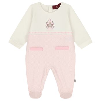 Baby Girls Ivory & Pink Teddy Bear Logo Babygrow