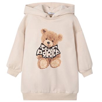 Girls Beige Fleece Hooded Dress
