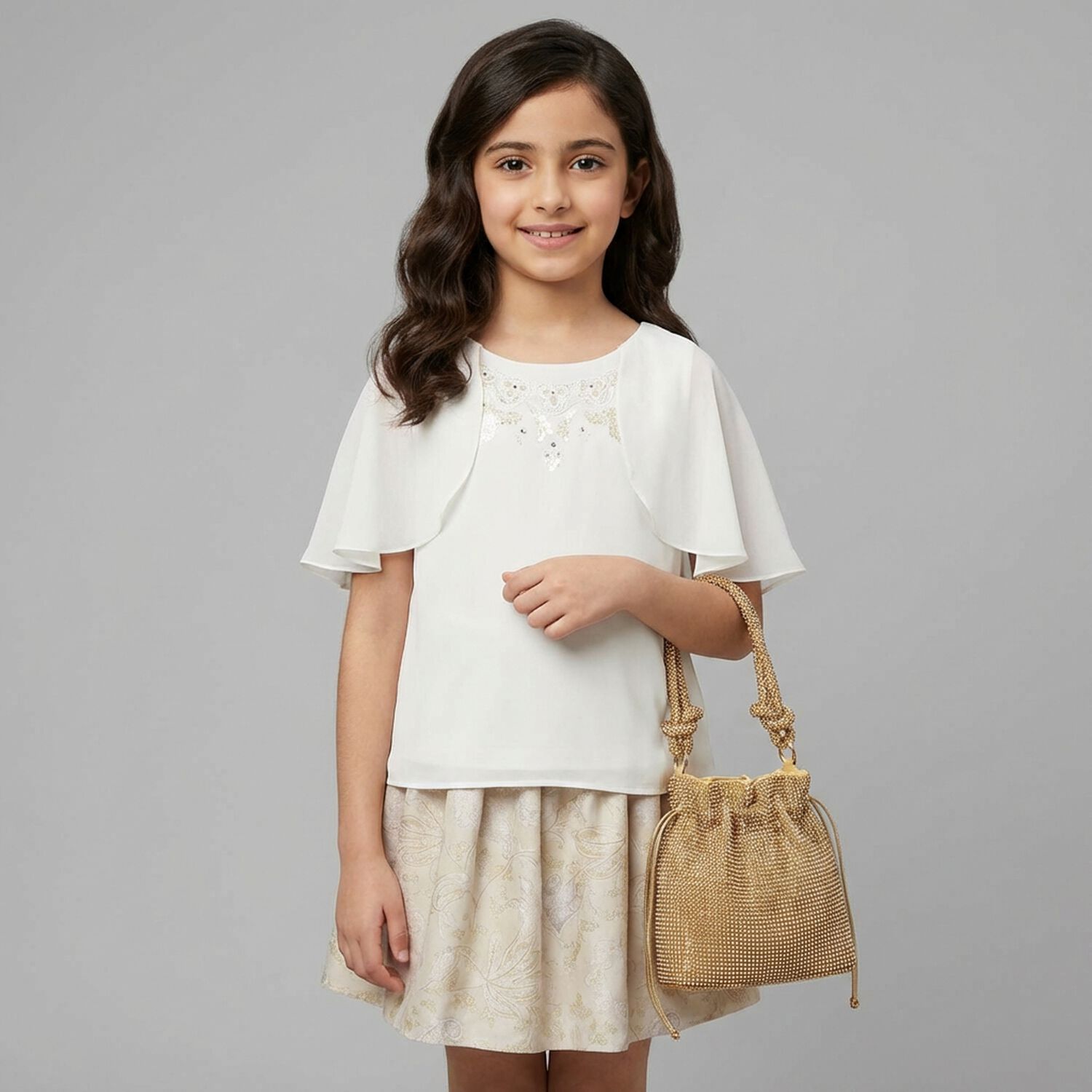 Girls Ivory & Beige Floral Skirt Set, 1, hi-res