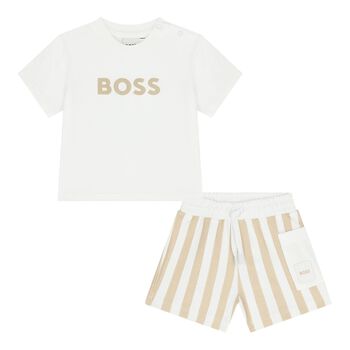 Baby Boys White & Beige Logo Shorts Set