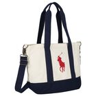 Girls Ivory & Navy Blue Canvas Pony Logo Tote Bag ( 44cm ), 1, hi-res