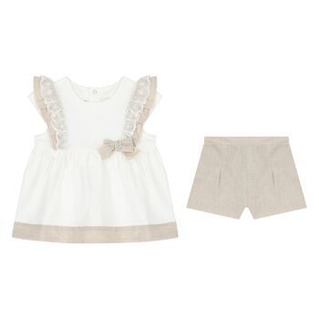 Younger Girls Ivory & Beige Dress Set