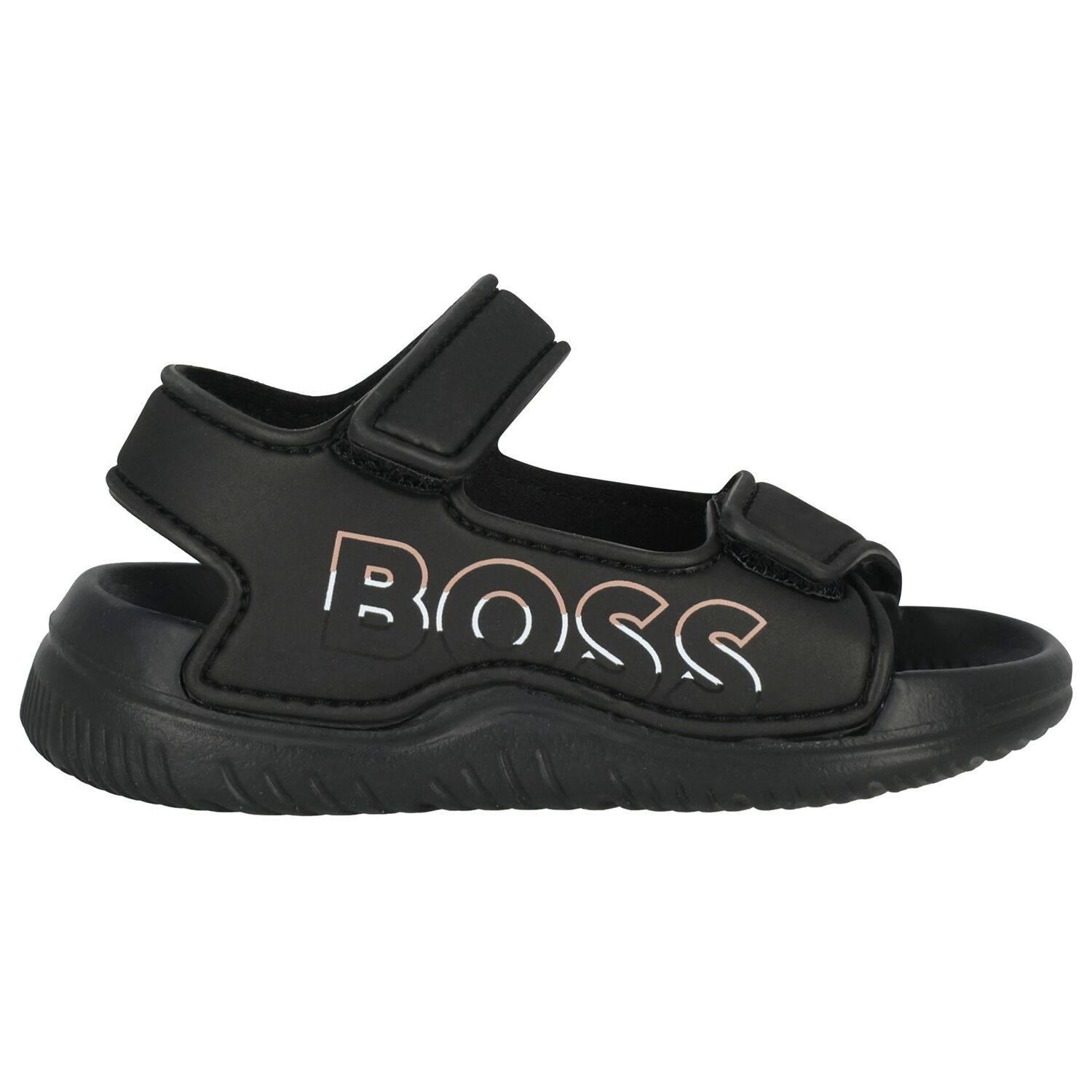 Boys Black Logo Sandals, 1, hi-res