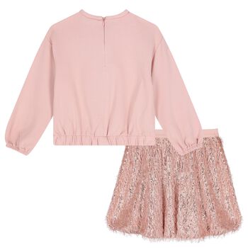 Girls Pink Sequined & Fringed Skirt Set