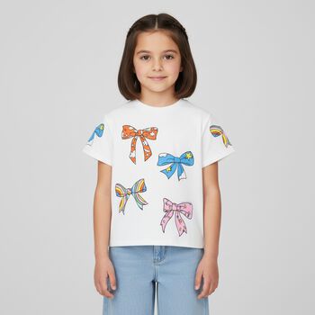 تيشيرت بنات بفيونكة باللون الأبيض  