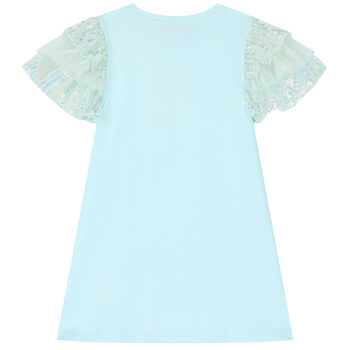 Girls Aqua Sequin Logo Dress
