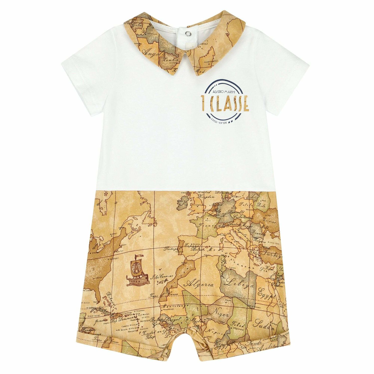 Baby Boys White & Beige Geo Map Romper, 1, hi-res