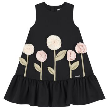 Girls Black Flower Satin Dress