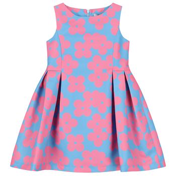 فستان بنات بطبعة باللون الأزرق والزهري