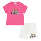 Younger Girls Pink & White Teddy Bear Shorts Set, 5, hi-res