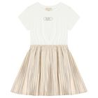 Girls Ivory & Gold Logo Dress, 2, hi-res