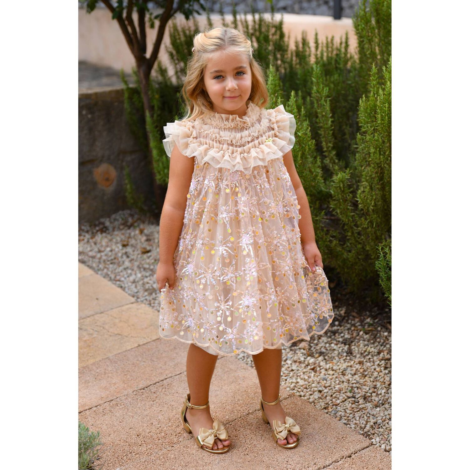 Girls Gold Embellished Tulle Dress, 1, hi-res
