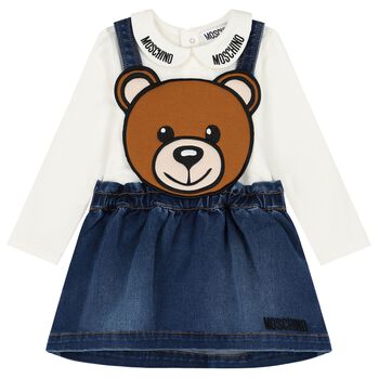 Younger Girls Ivory & Blue Denim Teddy Bear Skirt Set