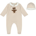 Beige Teddy Logo Babygrow Set, 1, hi-res