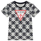 تي شيرت بشعار باللون أزرق داكن وعاجي للأولاد, 4, hi-res