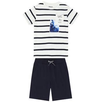 Boys White & Navy Striped Shorts Set