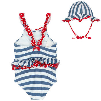 Baby Girls Blue & White Swimsuit & Hat Set